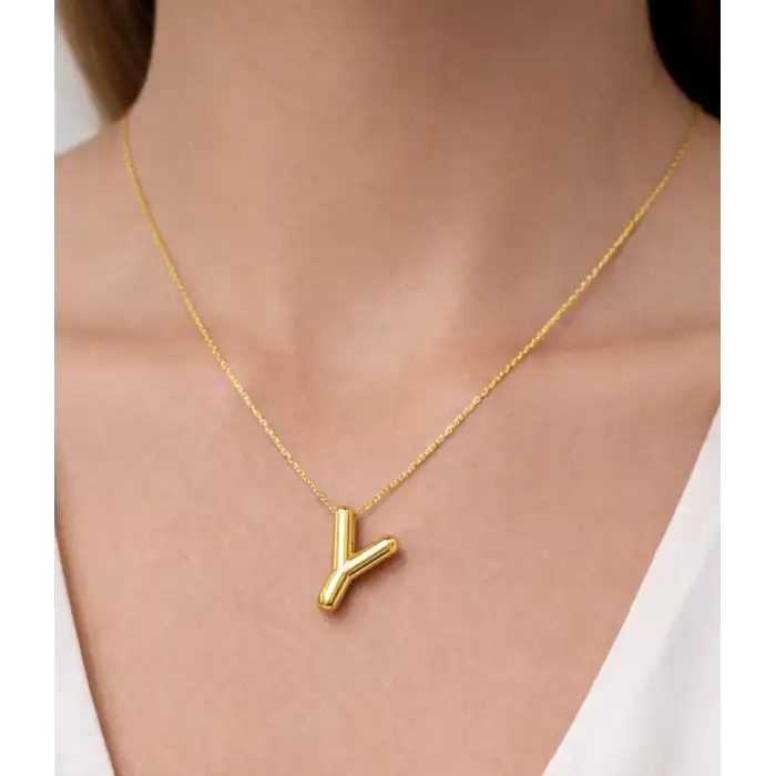 14 Ayar Gerçek Altın Y Harfi Kolye Ucu Zinciri