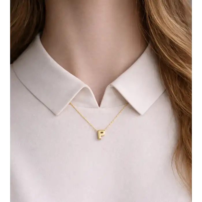 14 Ayar Altın P Harfi Kolye Zinciriyle Beraber
