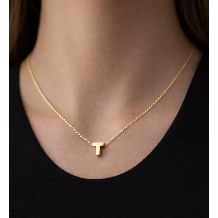 14 Ayar Altın T Harfi Kolye Zinciriyle Beraber