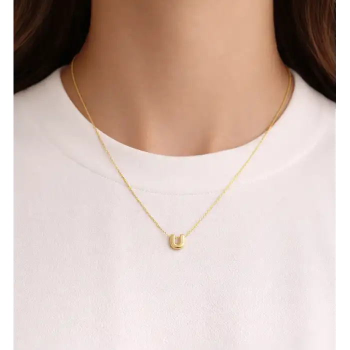 14 Ayar Altın U Harfi Kolye Zinciriyle Beraber