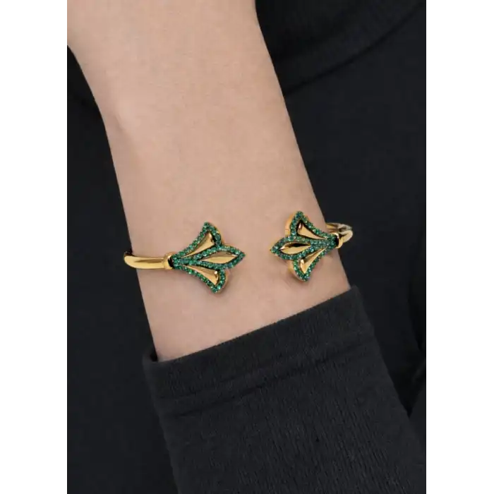 22 Ayar Altın Yeşil Taş İşlemeli Kelepçe Bilezik 13.84 GR KLP2248