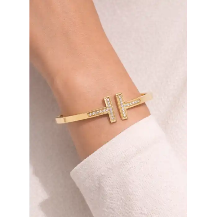 22 Ayar Altın T Modeli Taşlı Kelepçe Bilezik 11.81 GR KLP2136