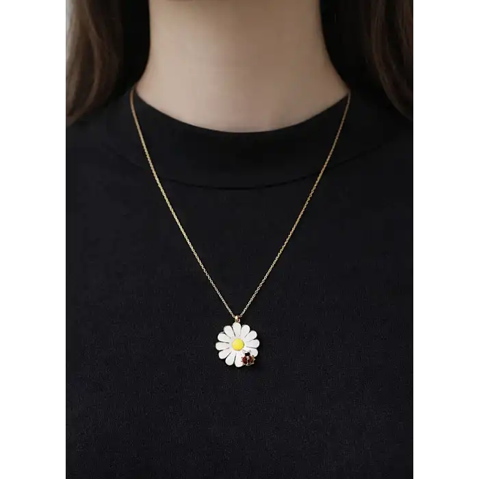 14 Ayar Gerçek Altın Uğurböcekli Papatya Model Kolye