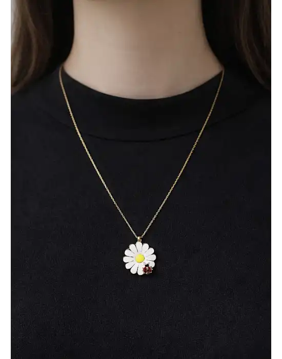 14 Ayar Gerçek Altın Uğurböcekli Papatya Model Kolye