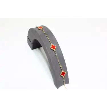 14 Ayar Altın 3 Yoncalı Dorikalı Kırmızı Taşlı Bileklik