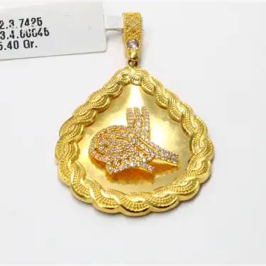 14 Ayar Örgülü Taşlı Tuğra Kolye Ucu