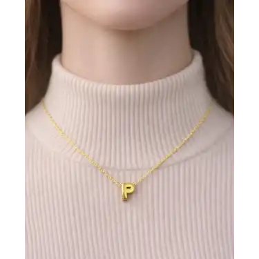14 Ayar Altın P Harfi Kolye Zinciriyle Beraber