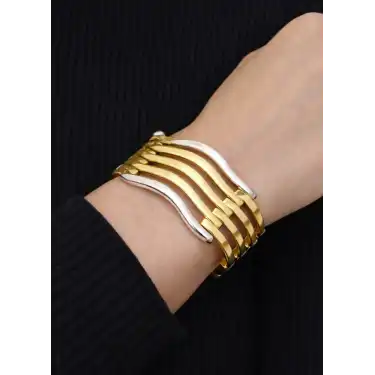 14 Ayar Altın 5 Sıralı Gold & Silver Renkli Sarmal Kaburga Kelepçe Bilezik 22.36 GR