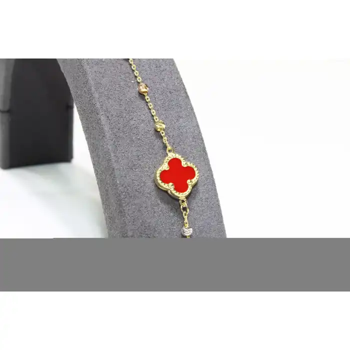 14 Ayar Altın 3 Yoncalı Dorikalı Kırmızı Taşlı Bileklik