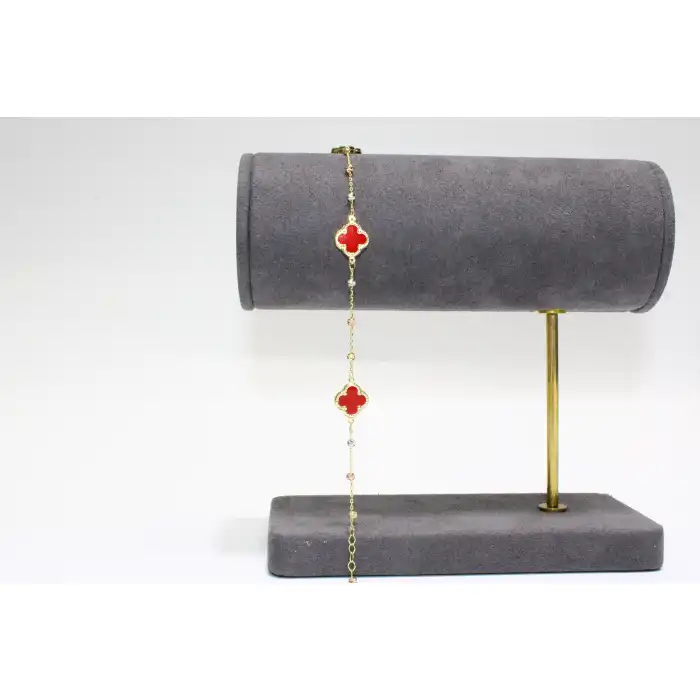 14 Ayar Altın 3 Yoncalı Dorikalı Kırmızı Taşlı Bileklik