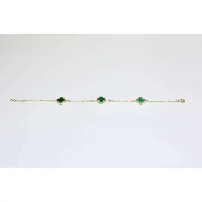 14 Ayar Altın 3 Yoncalı Yeşil Taşlı Bileklik