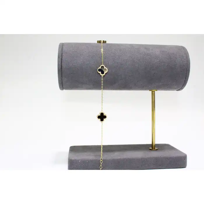 14 Ayar Altın 3 Yoncalı Siyah Taşlı Bileklik