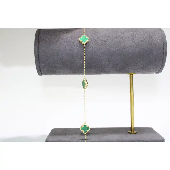 14 Ayar Altın 3 Yoncalı Yeşil Taşlı Bileklik