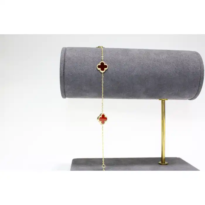 14 Ayar Altın 3 Yoncalı Kırmızı Taşlı Bileklik