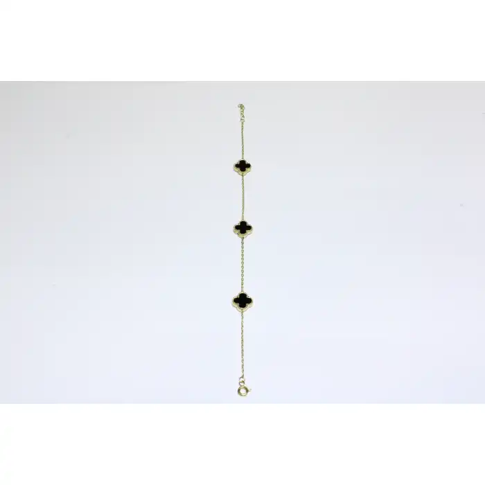 14 Ayar Altın 3 Yoncalı Siyah Taşlı Bileklik