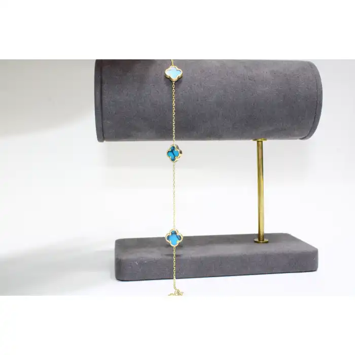 14 Ayar Altın 3 Yoncalı Mavi Bileklik