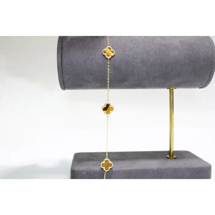 14 Ayar Altın 3 Yoncalı Kahverengi Taşlı Bileklik