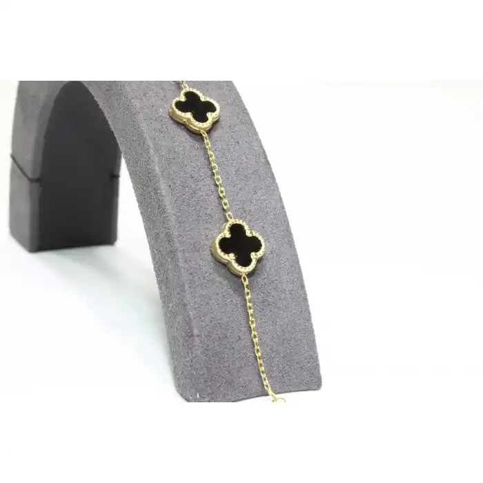 14 Ayar Altın 5 Yoncalı Siyah Taşlı Bileklik