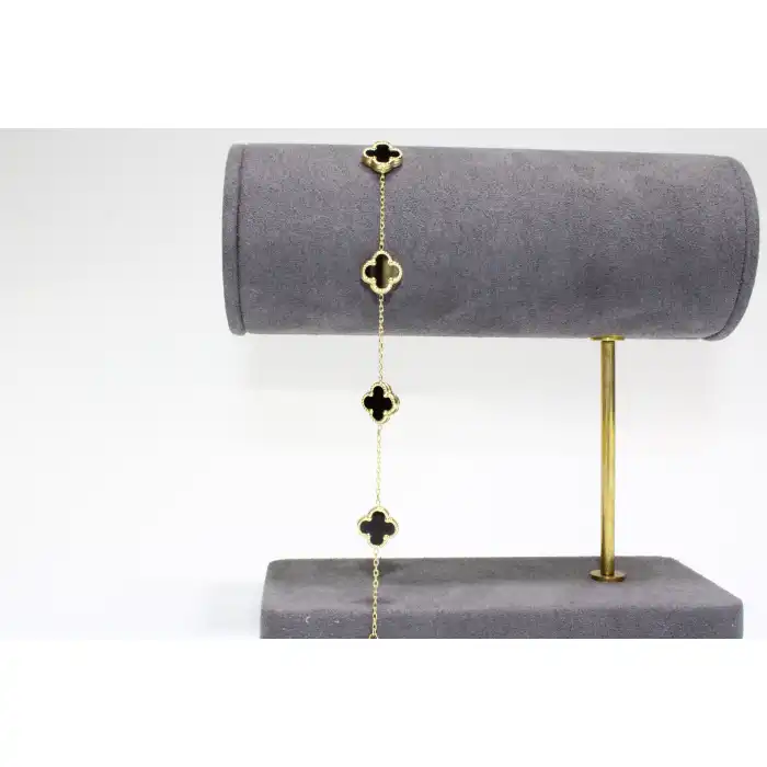 14 Ayar Altın 5 Yoncalı Siyah Taşlı Bileklik