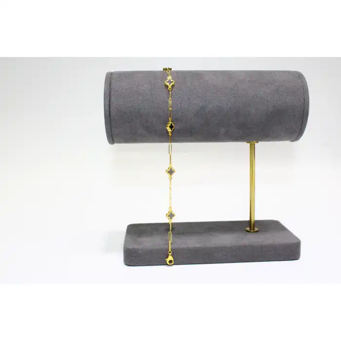 14 Ayar Altın 5 Yoncalı Siyah Taşlı Bileklik