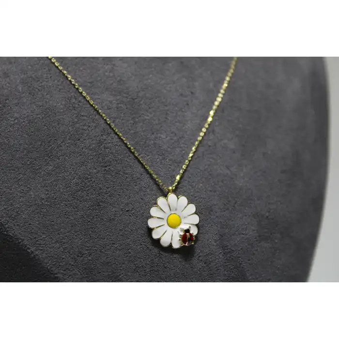 14 Ayar Gerçek Altın Uğurböcekli Papatya Model Kolye