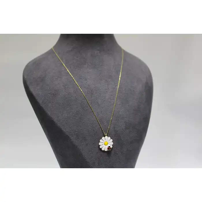 14 Ayar Gerçek Altın Uğurböcekli Papatya Model Kolye