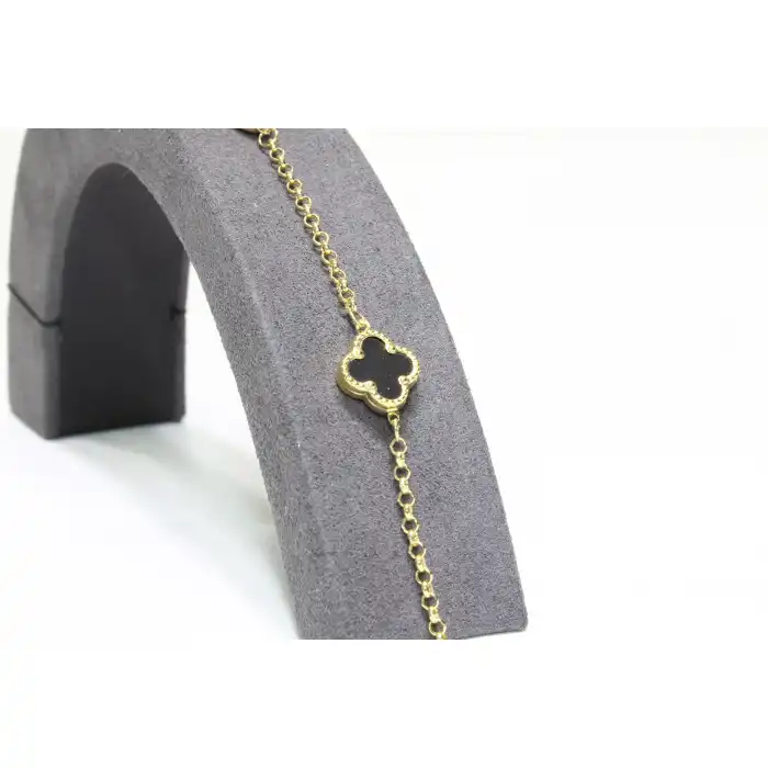 14 Ayar Altın 3 Yoncalı Siyah Taşlı Bileklik