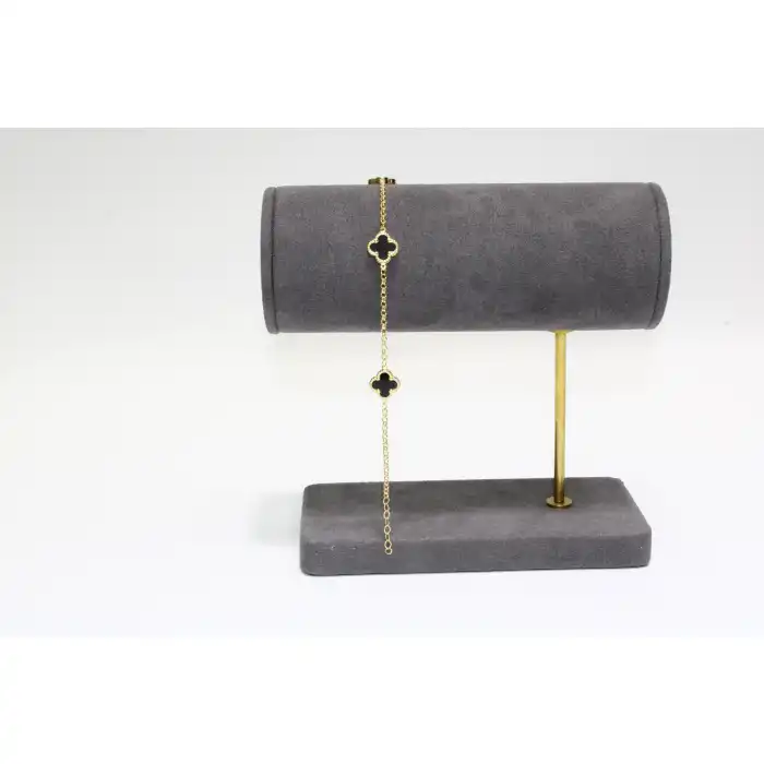 14 Ayar Altın 3 Yoncalı Siyah Taşlı Bileklik