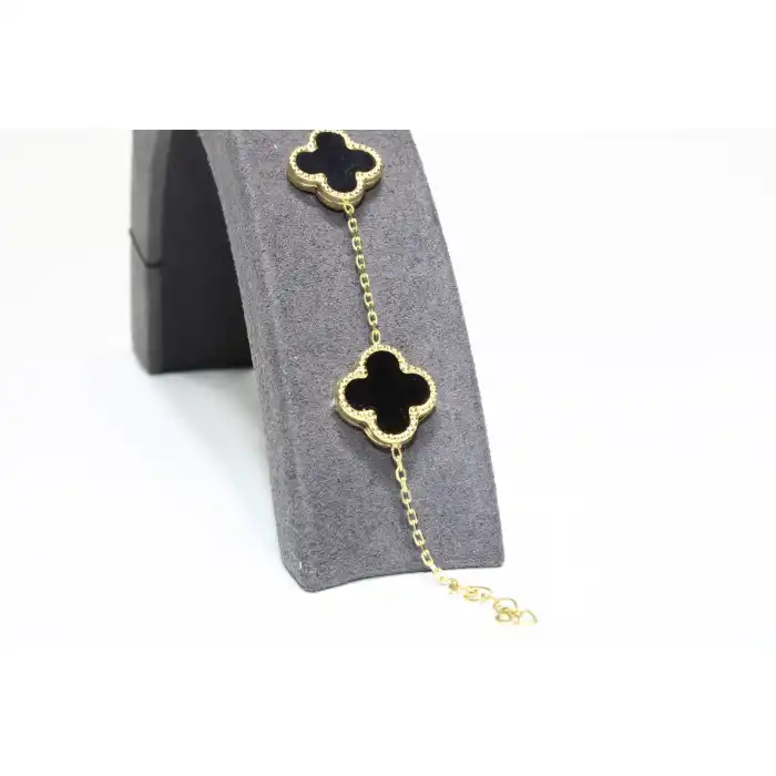 14 Ayar Altın 5 Yoncalı Siyah Taşlı Bileklik