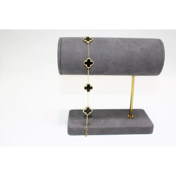 14 Ayar Altın 5 Yoncalı Siyah Taşlı Bileklik