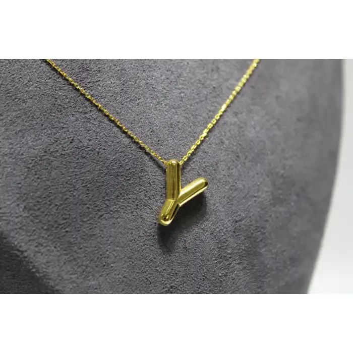 14 Ayar Gerçek Altın Y Harfi Kolye Ucu Zinciri