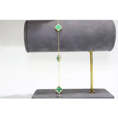 14 Ayar Altın 3 Yoncalı Yeşil Taşlı Bileklik