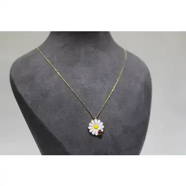14 Ayar Gerçek Altın Uğurböcekli Papatya Model Kolye