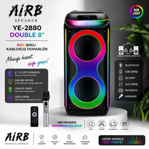 AiRB YE-2880 Double 8 RGB Işıklı Kablosuz Hoparlör