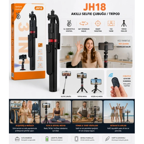 JH18 Akıllı Selfie Çubuğu / Tripod / Yüz tanıma
