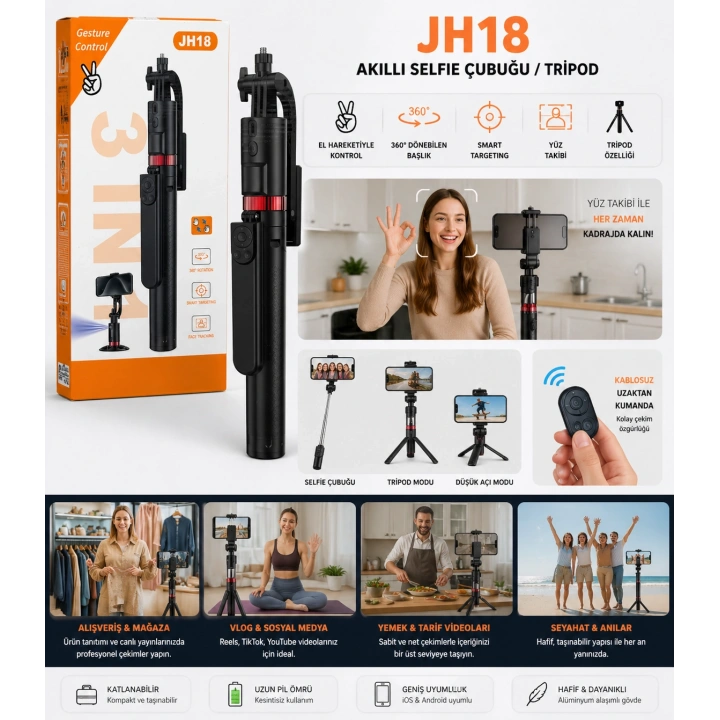 JH18 Akıllı Selfie Çubuğu / Tripod / Yüz tanıma
