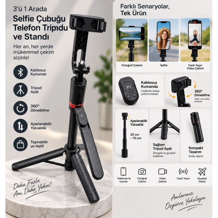 JH18 Akıllı Selfie Çubuğu / Tripod / Yüz tanıma