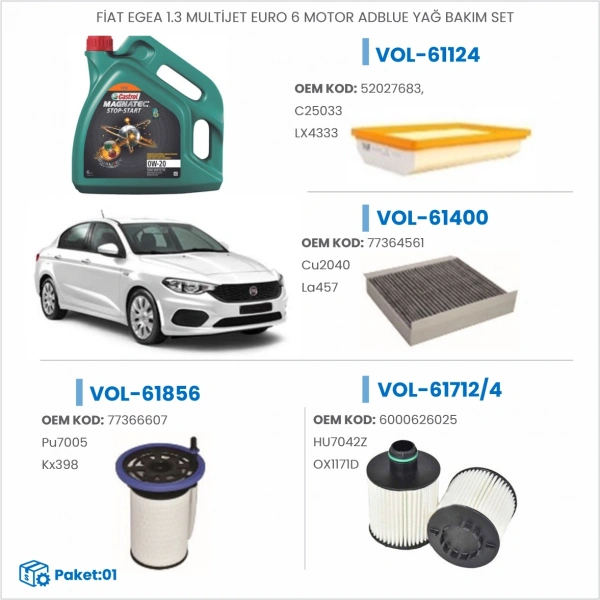 FİAT EGEA 1.3 MULTİJET EURO 6 MOTOR ADBLUE YAĞ BAKIM SET