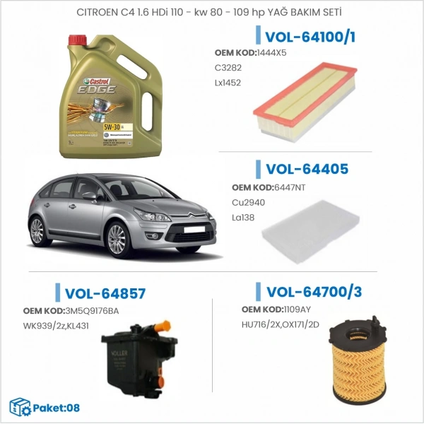 CITROEN C4 1.6 HDi 110 - kw 80 - 109 hp YAĞ BAKIM SETİ