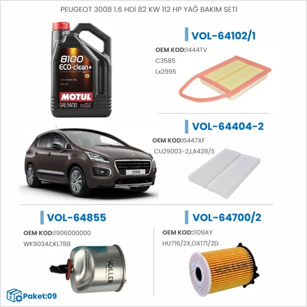 PEUGEOT 3008 1.6 HDİ 82 KW 112 HP YAĞ BAKIM SETİ