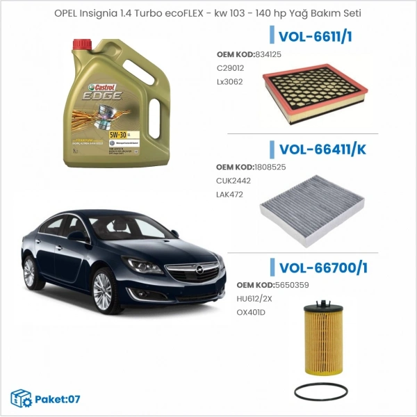 OPEL Insignia 1.4 Turbo ecoFLEX - kw 103 - 140 hp Yağ Bakım Seti Castrol