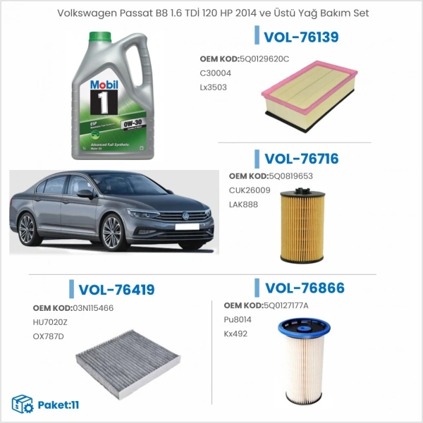 Volkswagen Passat B8 1.6 TDİ 120 HP 2014 ve Üstü Yağ Bakım Seti