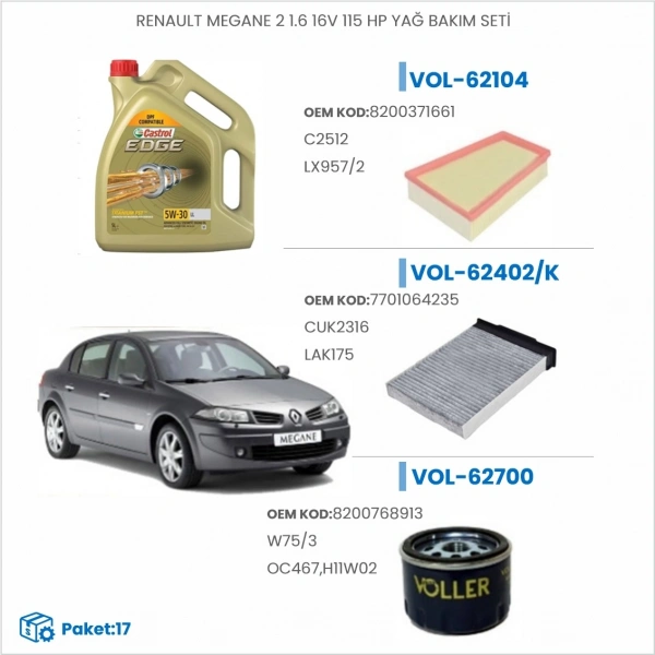 RENAULT MEGANE 2 1.6 16V 115 HP YAĞ BAKIM SETİ