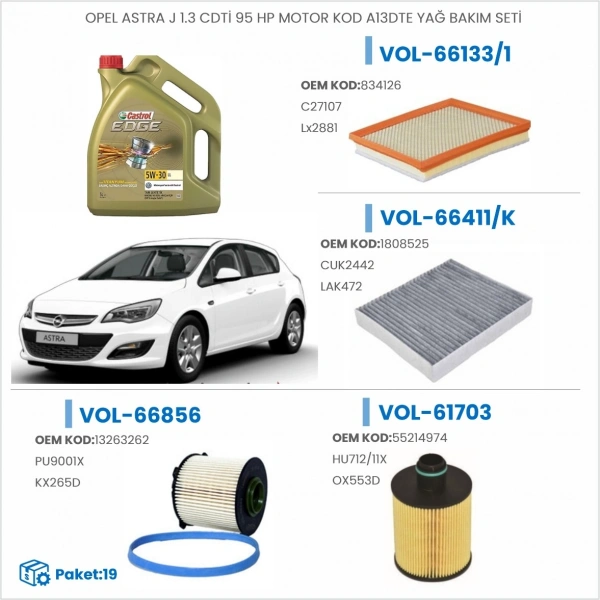 OPEL ASTRA J 1.3 CDTİ 95 HP MOTOR KOD A13DTE YAĞ BAKIM SETİ