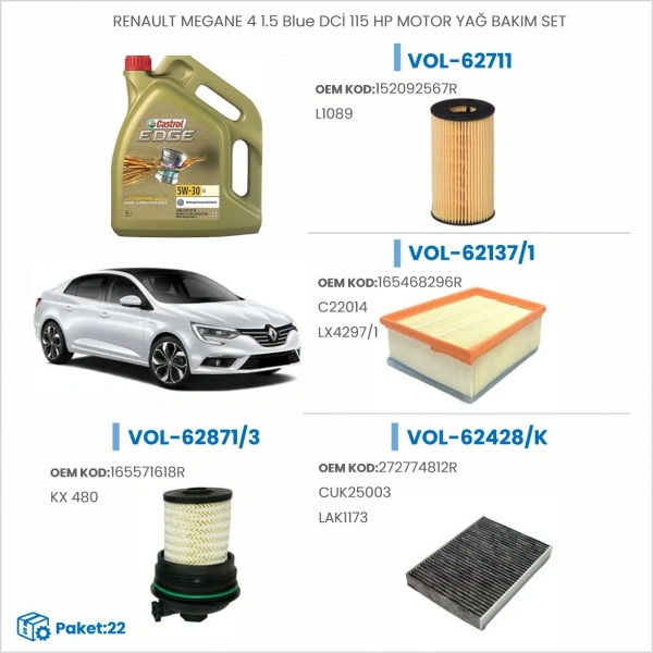 RENAULT MEGANE 4 1.5 Blue DCİ 115 HP MOTOR YAĞ BAKIM SETİ