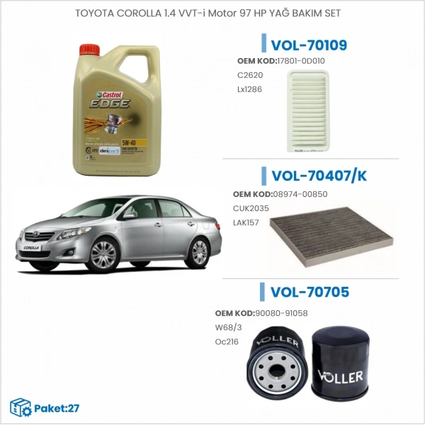 TOYOTA COROLLA 1.4 VVT-i Motor 97 HP YAĞ BAKIM SETİ