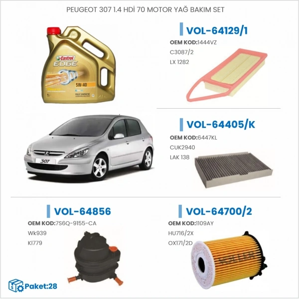 PEUGEOT 307 1.4 HDİ 70 HP MOTOR YAĞ BAKIM SETİ