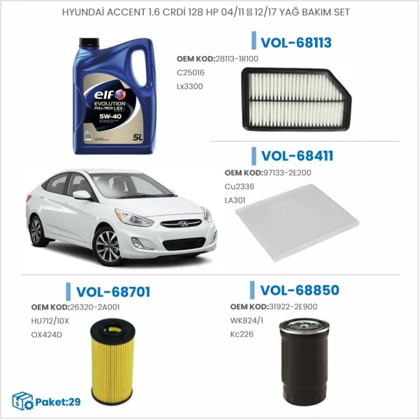 HYUNDAİ ACCENT 1.6 CRDİ 128 HP 04/11 → 12/17 YAĞ BAKIM SETİ