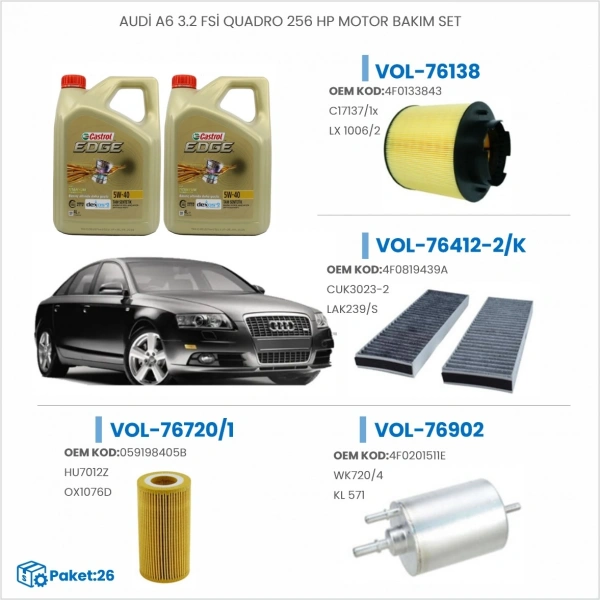 AUDİ A6 3.2 FSİ QUADRO 256 HP MOTOR BAKIM SETİ