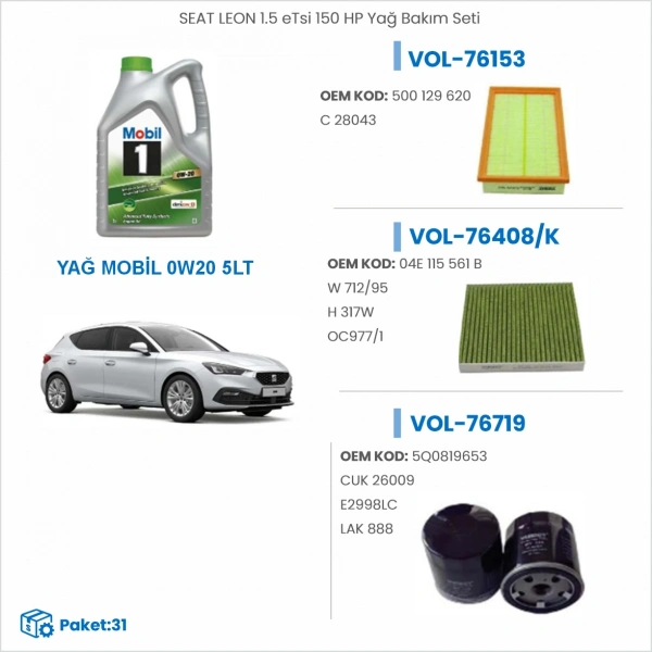 SEAT LEON 1.5 eTsi 150 HP Yağ Bakım Seti
